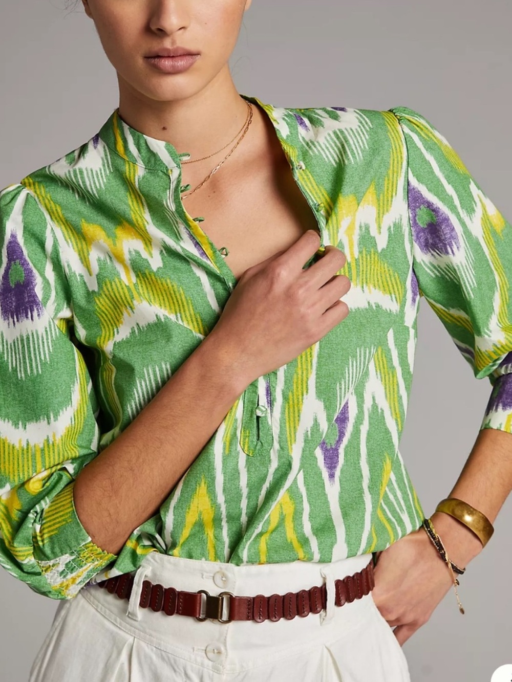 Anthropologie Sharona Henley Blouse S Green Purple Ikat Boho Cotton